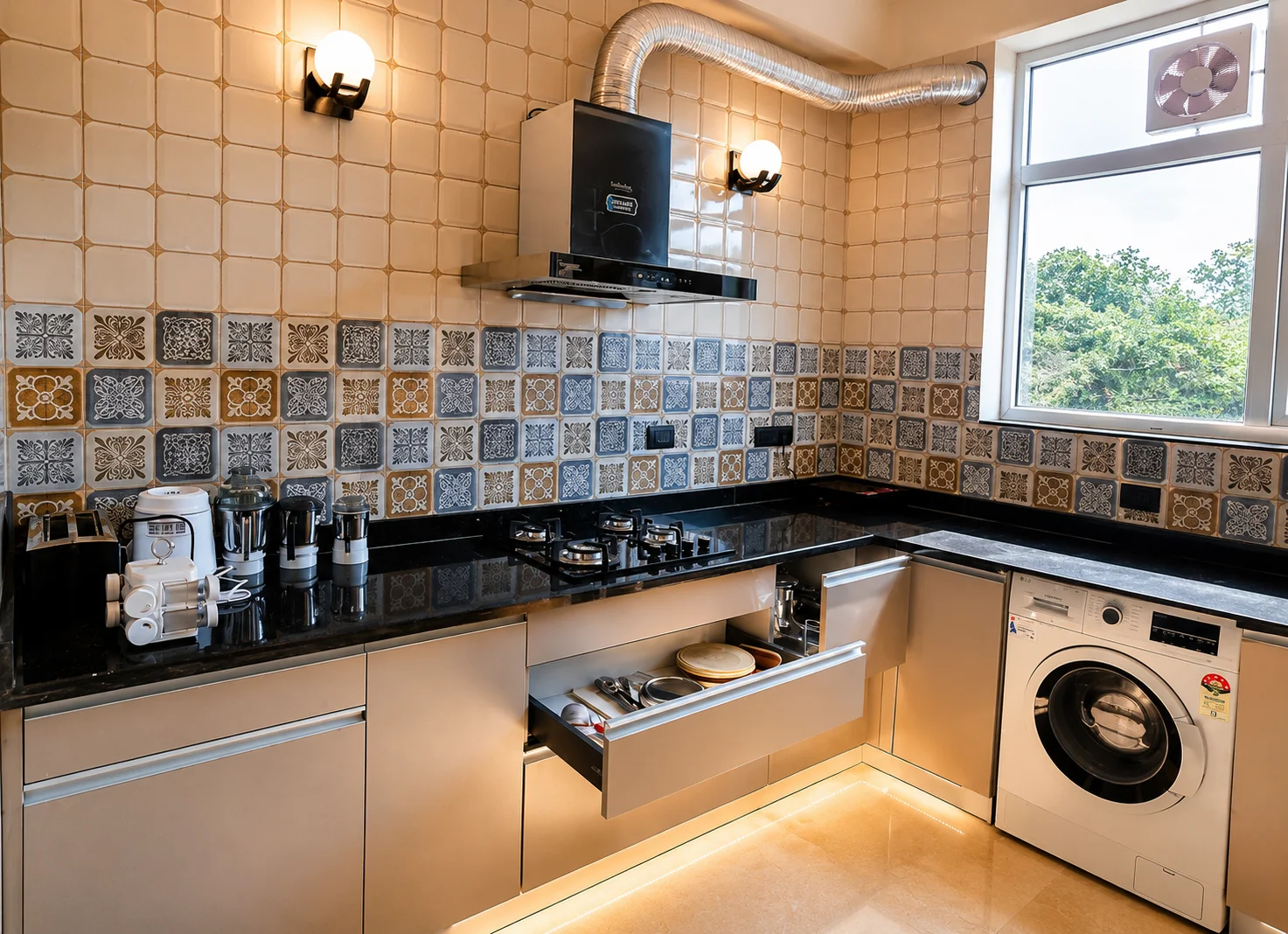 Fully equipped modular kitchen with kitchen access at our premium homestay in Dehradun